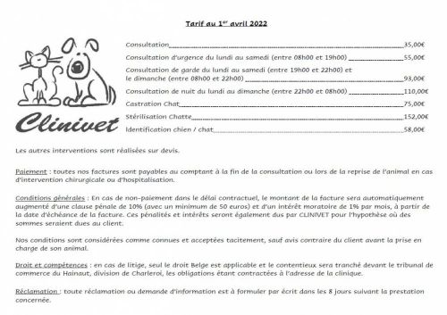 Nouveaux tarifs au 01.04.2022